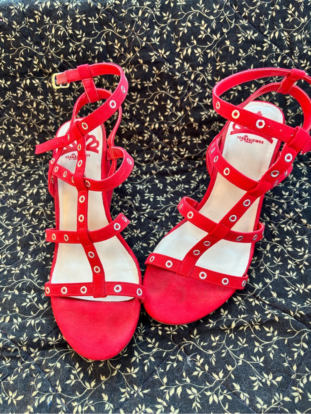Fergalicious by Fergie Red Strappy Grommet Wedge Sandals - Fits Like Size 8